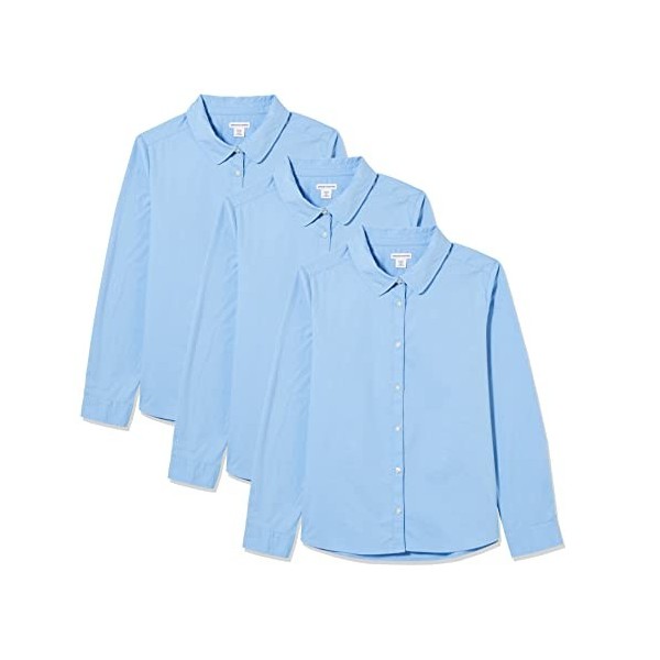 Amazon Essentials Chemises boutonnées en Popeline Extensible à Manches Longues pour Uniforme Fille, Lot de 3, Blanc, 10 Ans G