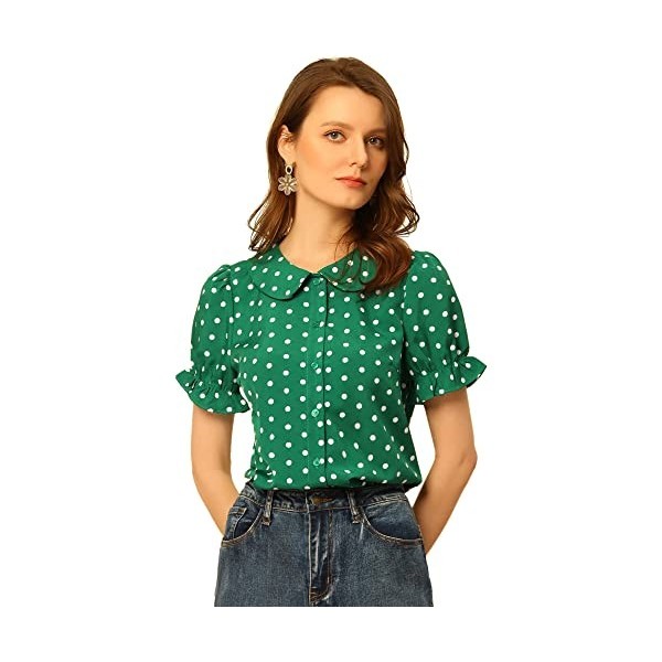 Allegra K Chemise à Manches Courtes Bouffante à col de poupée Vintage à Pois pour Femmes Vert Foncé S