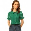 Allegra K Chemise à Manches Courtes Bouffante à col de poupée Vintage à Pois pour Femmes Vert Foncé S