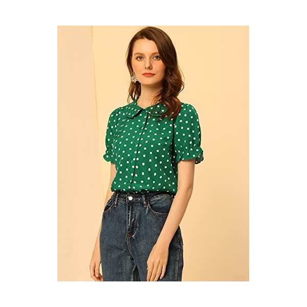 Allegra K Chemise à Manches Courtes Bouffante à col de poupée Vintage à Pois pour Femmes Vert Foncé S