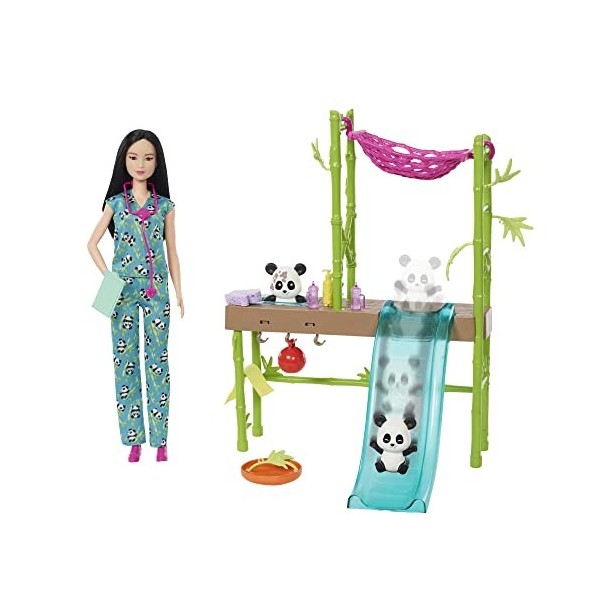 Barbie Coffret Barbie Le Sanctuaire des Pandas avec poupée Barbie vétérinaire, 2 pandas avec changement de couleur et plus de