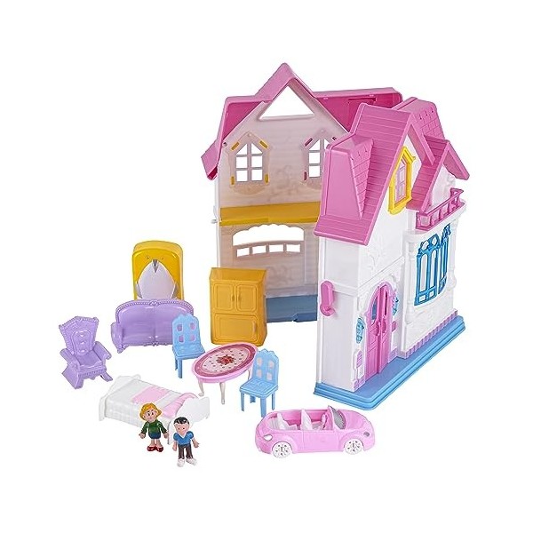 Baroni Toys Maison de Poupées Pliable, Maison de Poupées Villa pour Enfants, Maison de Poupées à 2 étages avec Personnages et