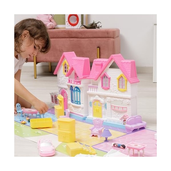 Baroni Toys Maison de Poupées Pliable, Maison de Poupées Villa pour Enfants, Maison de Poupées à 2 étages avec Personnages et