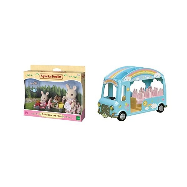 SYLVANIAN FAMILIES-Le Bus Arc-en-Ciel Animaux Mini-Univers, 5317, Multicolore & Le Tricycle et Mini Voiture bébés poupées et 
