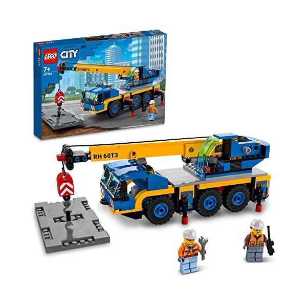 LEGO 60324 City La Grue Mobile, Jouet de Camion, Engin de Chantier, avec Plaque de Route, Idée de Cadeau de Noël, pour Garçon
