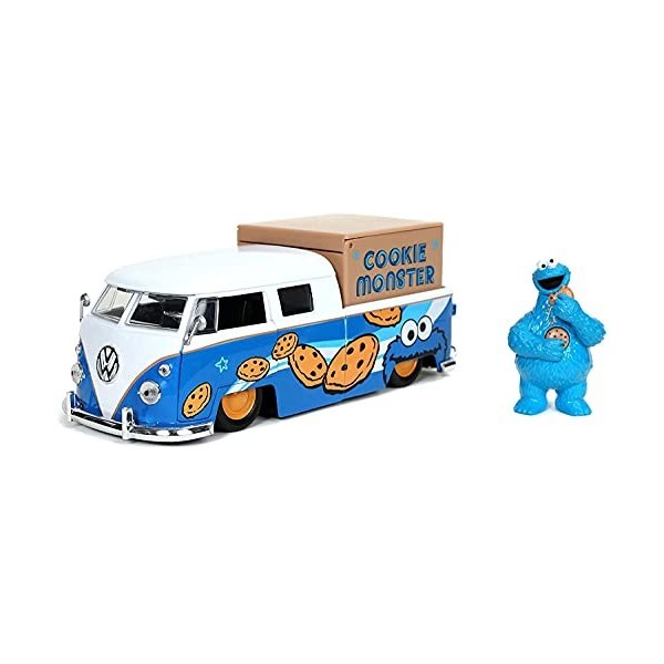 Jada Toys Bus VW 1:24 HWR 1963 + Figurine parlante Cookie Monster Seasame Street Voiture Miniature de Collection, 31751BL, Bl