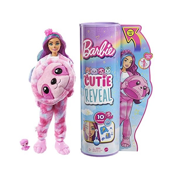Barbie Poupée Mannequin Cutie Reveal avec costume de paresseux en tissu moelleux et 10 surprises avec changement de couleur, 