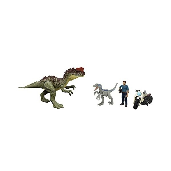 Jurassic World Le Monde d’après Coffret 3 Figurines avec Owen Grady, Dinosaures Yangchuanosaurus et Blue, avec code ADN scann