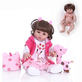 SN86NS 49 cm Poupée Bebe Cheveux bouclés renaître Bambin poupée Fille en Robe Rose bébé réaliste Corps en Silicone Souple béb