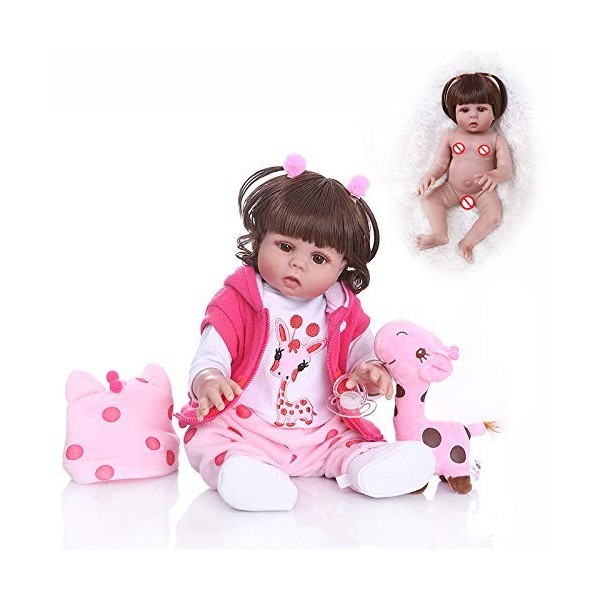 SN86NS 49 cm Poupée Bebe Cheveux bouclés renaître Bambin poupée Fille en Robe Rose bébé réaliste Corps en Silicone Souple béb