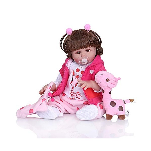 SN86NS 49 cm Poupée Bebe Cheveux bouclés renaître Bambin poupée Fille en Robe Rose bébé réaliste Corps en Silicone Souple béb