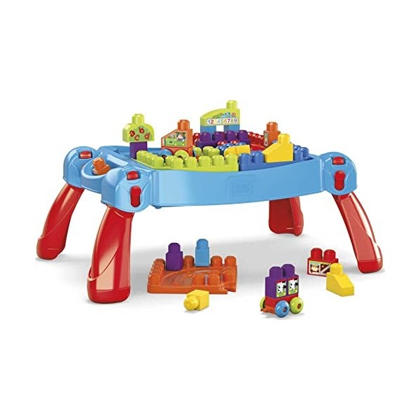 Mega Bloks la Table dApprentissage Bleue avec Blocs de Construction et 2 Vehicules, 30 pieces, Jouet pour Bebe et Enfant de 