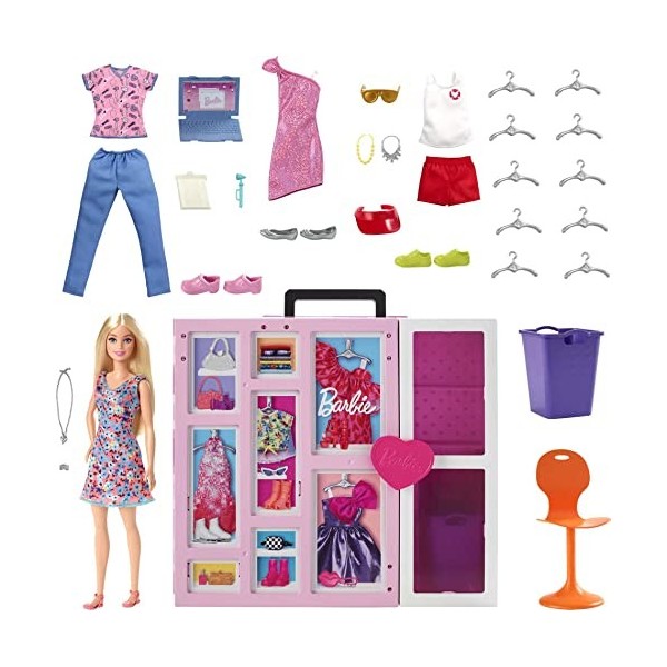 Barbie Coffret Dressing Deluxe de Barbie 60cm avec poupée Barbie blonde, 15 Espaces de rangement, Plus de 30 tenues et acce