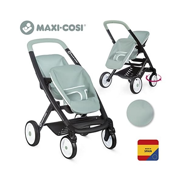 Smoby - Maxi COSI - Poussette Jumeaux Sauge - pour Poupons et Poupées - Roues Silencieuses et Multidirectionnelles - Panier d