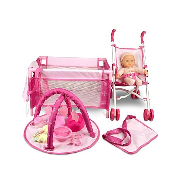 Anivia Poussette pour poupée bébé – Ensemble daccessoires pour poupée bébé Comprenant Poussette/Berceau de poupée/Tapis de J