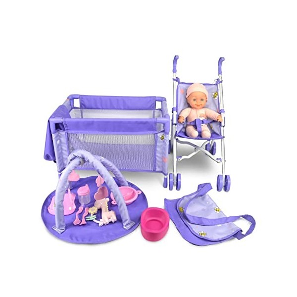 Anivia Poussette pour poupée bébé – Ensemble daccessoires pour poupée bébé Comprenant Poussette/Berceau de poupée/Tapis de J