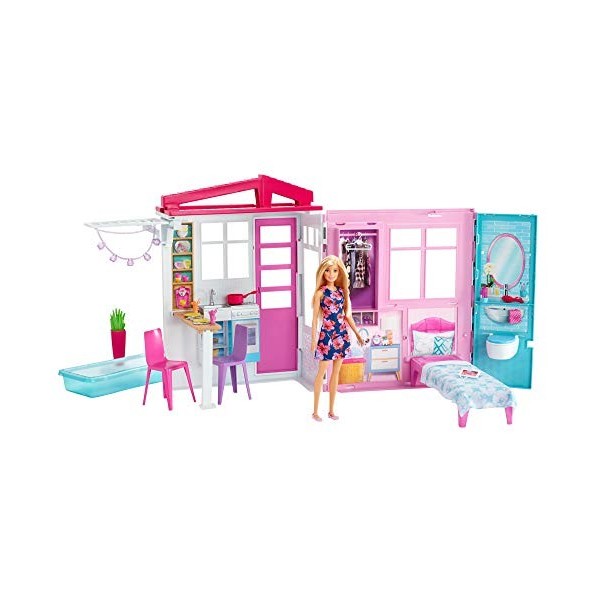 Barbie Mobilier Coffret Maison de Plain-Pied à Emporter avec Piscine, Accessoires et une Poupee Incluse, Emballage Ferme, Jou