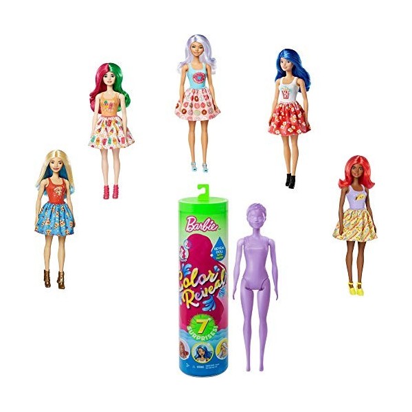 Barbie Color Reveal poupée avec 7 éléments mystère, thème Sirènes, 4 sachets surprise, modèle aléatoire, jouet pour enfant, G