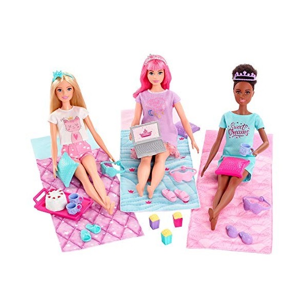 Barbie Princess Adventure coffret Pyjama Party Royale avec poupées Barbie, Daisy et Nikki, sacs de couchage et accessoires, j