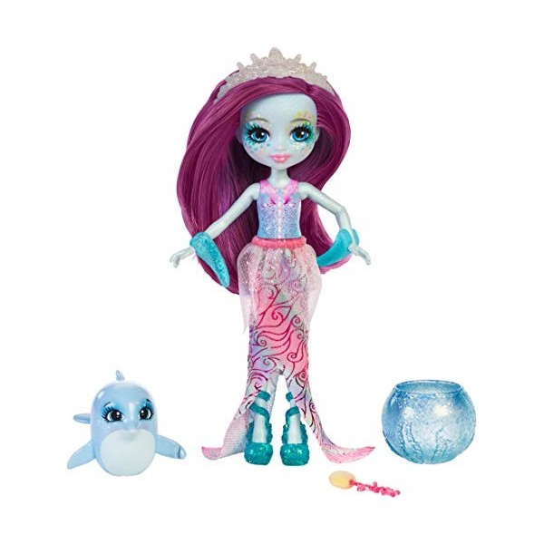 Enchantimals Mini-poupée Dolce Dauphin et Figurine Animale Largo, aux cheveux magiques violet et bleu qui changent de couleur