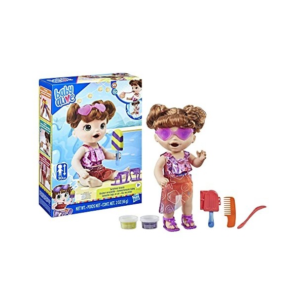 Baby Alive Sunshine Snacks Doll, Eats and Poops, Summer-Themed Waterplay Baby Doll, Ice Pop Mold, Toy for Kids Ages 3 and Up,