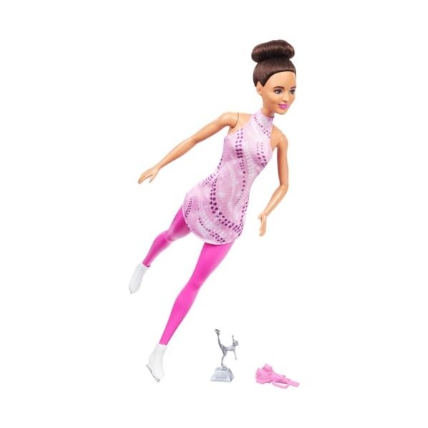 Barbie Poupée Métier Patineuse Artistique Avec Tenue Rose Amovible, Cheveux Bruns En Chignon, Patins À Glace Et Trophée Argen