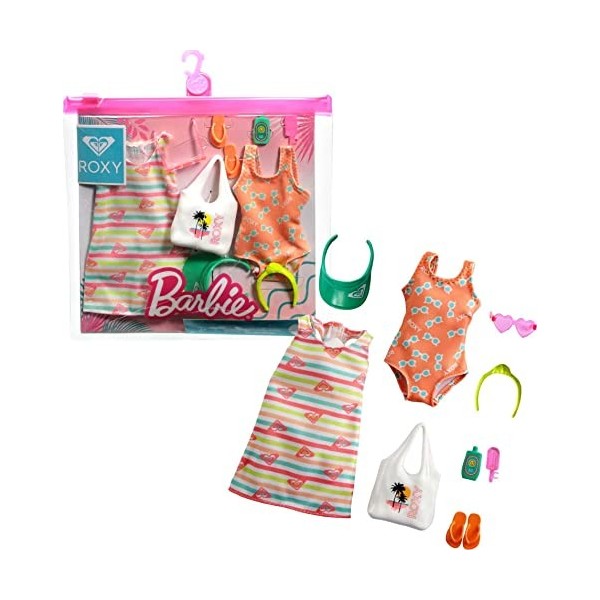 Barbie Fashionistas Kit vêtements Roxy, tenue pour poupée composée dun maillot de bain, une robe de plage et 7 accessoires, 