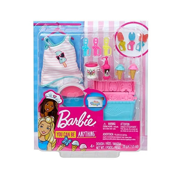 Barbie Pack Accessoires Cuisine et Pâtisserie Pop Corn, boîte de pâte à modeler, tee-shirt pour poupée et accessoires, jouet 