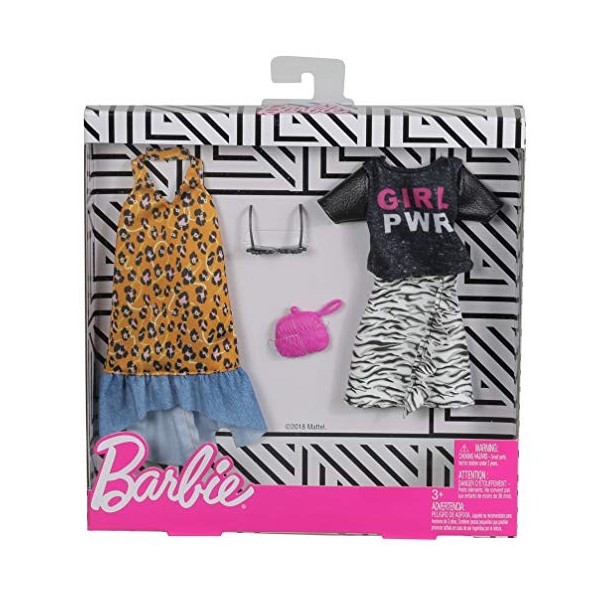 Barbie Fashionistas Kit vêtements de voyage, 2 tenues pour poupée dont jupe, robe, top,et accesssoires, jouet pour enfant, FX