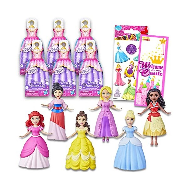 Disney Ensemble de cadeaux de fête princesse – Lot de 6 poupées Disney Princesses Secret Styles avec autocollants Surprise Pr