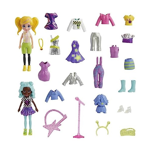 Polly Pocket Jouet de voyage avec deux poupées de 7,5 cm et 25 accessoires, pack de mode dextérieur avec 2 pièces incandesce