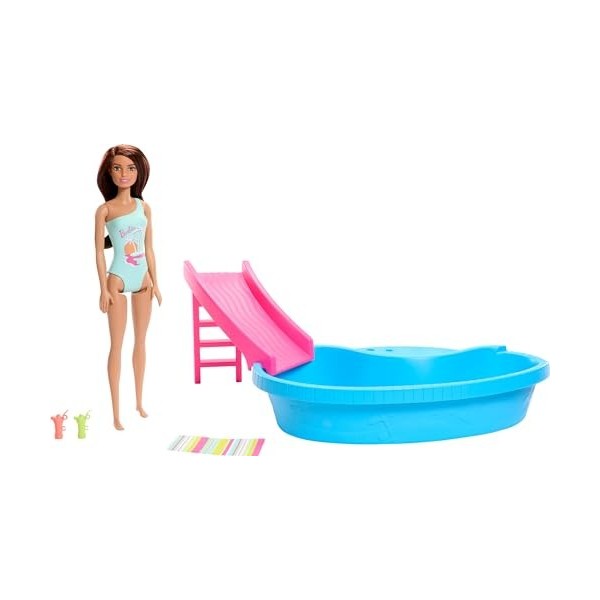 Barbie Ensemble de jeu pour poupée et piscine, brunette en écume de mer, maillot de bain une pièce avec piscine, toboggan, se