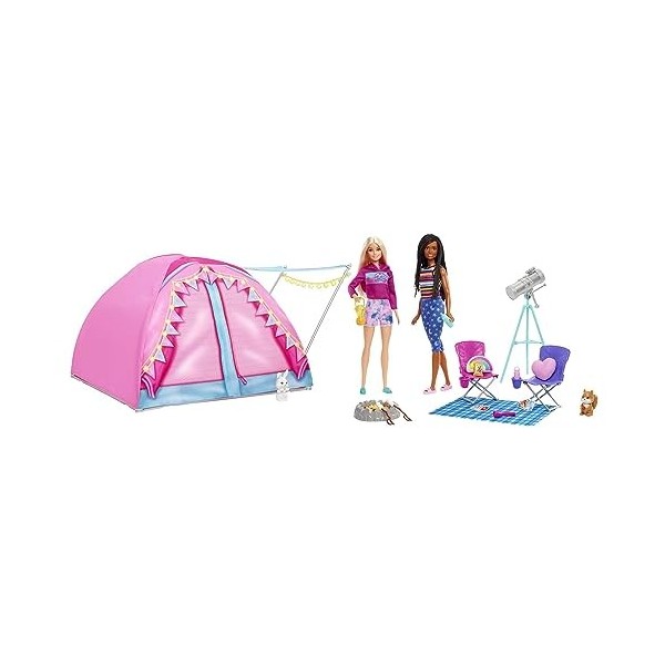 Barbie Famille Coffret Camping avec 2 poupées Malibu et Brooklyn, tente et accessoires dont figurines animaux et téléscope, j