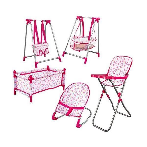 deAO Ensemble Bébé 5en1 Comprend Lit, Chaise Haute, Balançoire et Chaise Berçante Jouet dImitation Poupée Non Incluse 