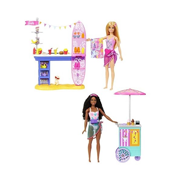 Barbie Coffret Promenade En Bord De Mer Avec 2 Poupées Brooklyn Et Malibu, Chiot, Stand De Nourriture, Kiosque Et Plus De 30 