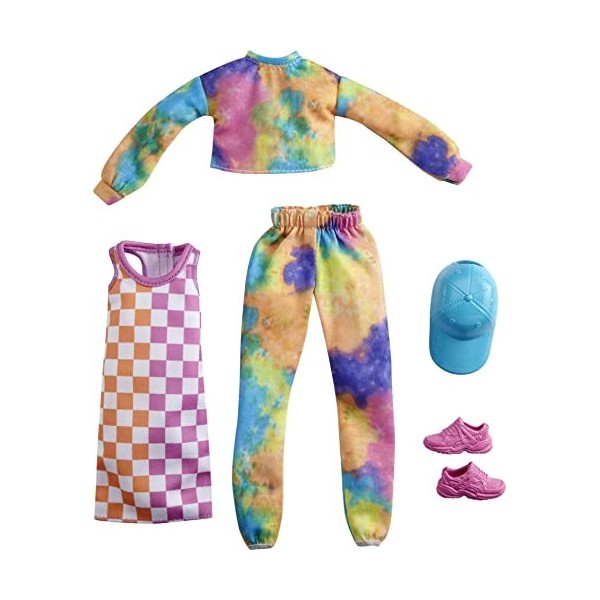 Barbie Fashionistas Kit vêtements, 2 tenues pour poupée dont ensemble tie & dye, robe à carreaux et accesssoires, jouet pour 