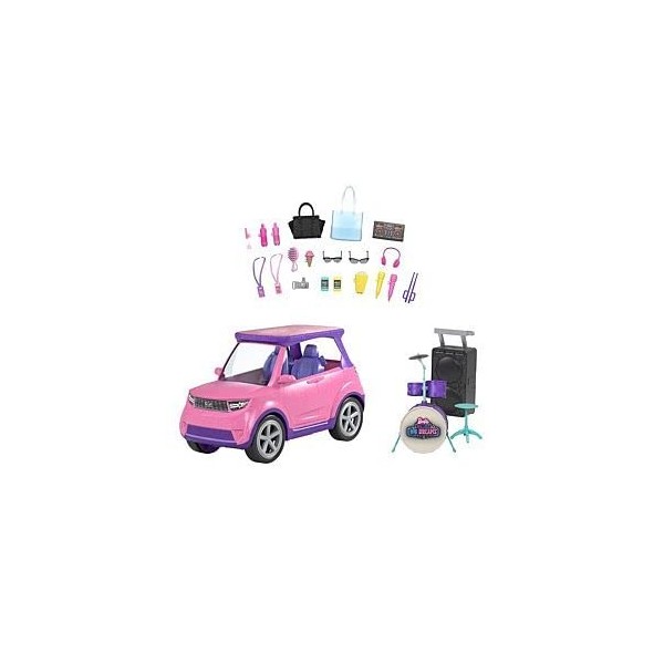 Barbie Big City Big Dreams véhicule concert transformable pour poupée, voiture avec 20 accessoires, jouet pour enfant, GYJ25
