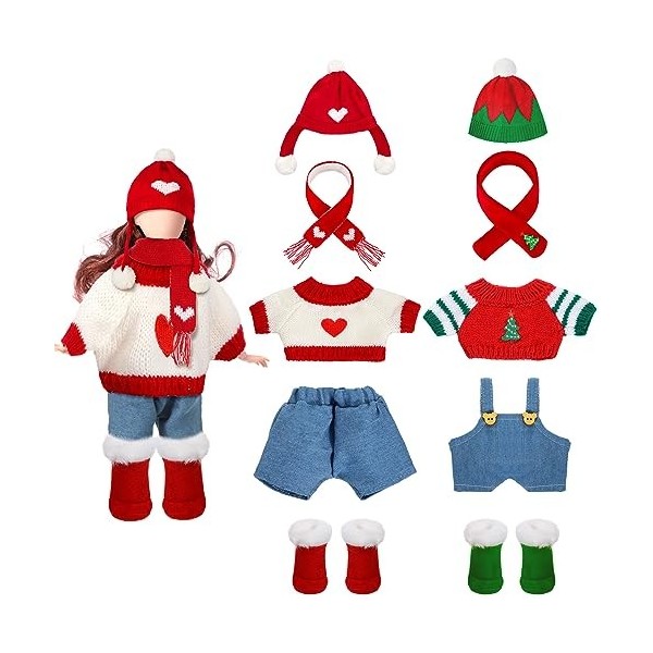 Geyoga Lot de 2 vêtements de poupée de Noël de 19,8 cm pour fille comprenant un pull, un chapeau, un pantalon, une écharpe et