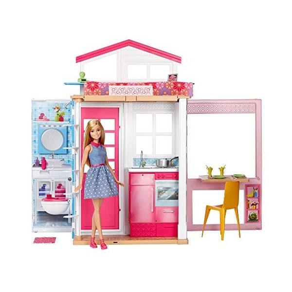 Barbie Mobilier Coffret Maison 2 Étages Et 4 Pièces Avec Accessoires Et Une Poupée Incluse, Emballage Fermé, Jouet Pour enfan