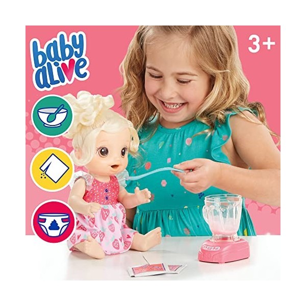Baby Alive Hasbro E6943 Doll- Magical Mixer Blonde Baby Doll- Strawberry Shake with Blender Accessories- Drinks, Wets & Eats-