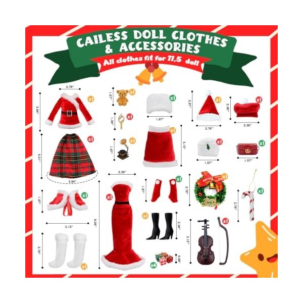 CAILESS Accessoires de vêtements de poupée – 21 pièces de vêtements de poupée série de Noël pour poupée de 29,9 cm incluse ro