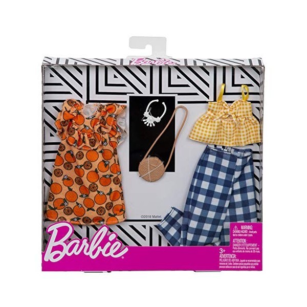 Barbie Fashionistas Kit Vêtements, 2 Tenues pour Poupée dont Pantalon à Carreaux, Robe, Top et Accesssoires, Jouet pour Enfan