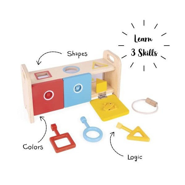 Janod - Essentiel - La Boite à Clefs - Jeu Educatif Premier Âge en Bois 2-En-1 - Apprentissage Formes et Couleurs et Motricit