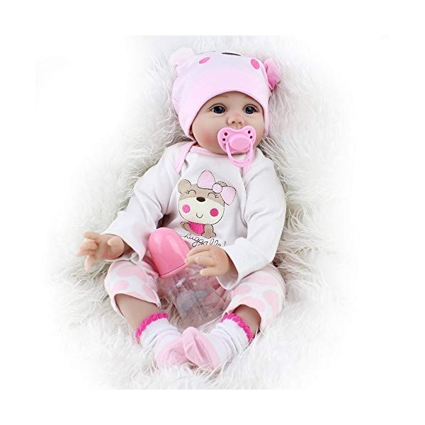 Scnbom Reborn Fille poupée Bébé Yeux Ouvert 22 Pouces 55 cm Silicone Souple Enfant Jouet Cadeau de Noel Réaliste Nouveau-né B