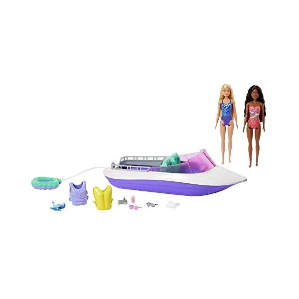 Barbie Coffret Le Pouvoir Des Sirènes Avec 2 Poupées Malibu Et Brooklyn, 1 Bateau À Fond Transparent 45,7 Cm, 4 Sièges Et Acc