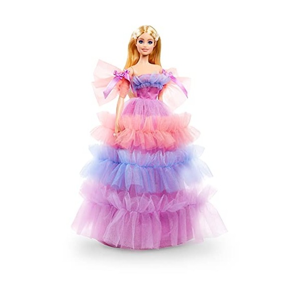 Barbie Signature poupée de Collection Joyeux Anniversaire Blonde avec Robe à Volants Couleur Pastel, Jouet Collector, GTJ85