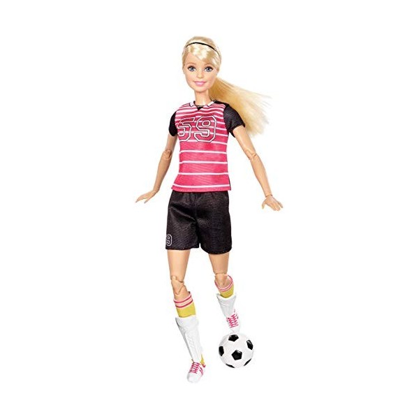 Barbie Made to Move poupée articulée joueuse de foot blonde en maillot, chaussures à crampons et avec ballon de football, jou