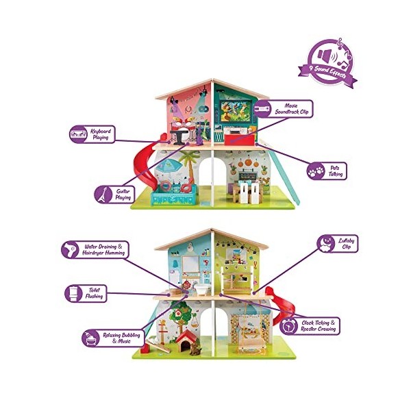 Jouet Hape - Maison de Poupée en Bois Interactive avec Sons - à Partir de 3 ans - Grande Maison de 8 Pièces à Vivre Décorées 