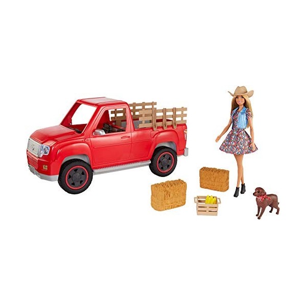 Barbie Fermière et son véhicule 4x4 rouge avec poupée avec chapeau et robe à fleurs, figurine de chien et accessoires, jouet 