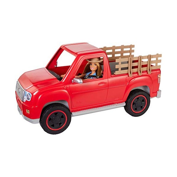 Barbie Fermière et son véhicule 4x4 rouge avec poupée avec chapeau et robe à fleurs, figurine de chien et accessoires, jouet 